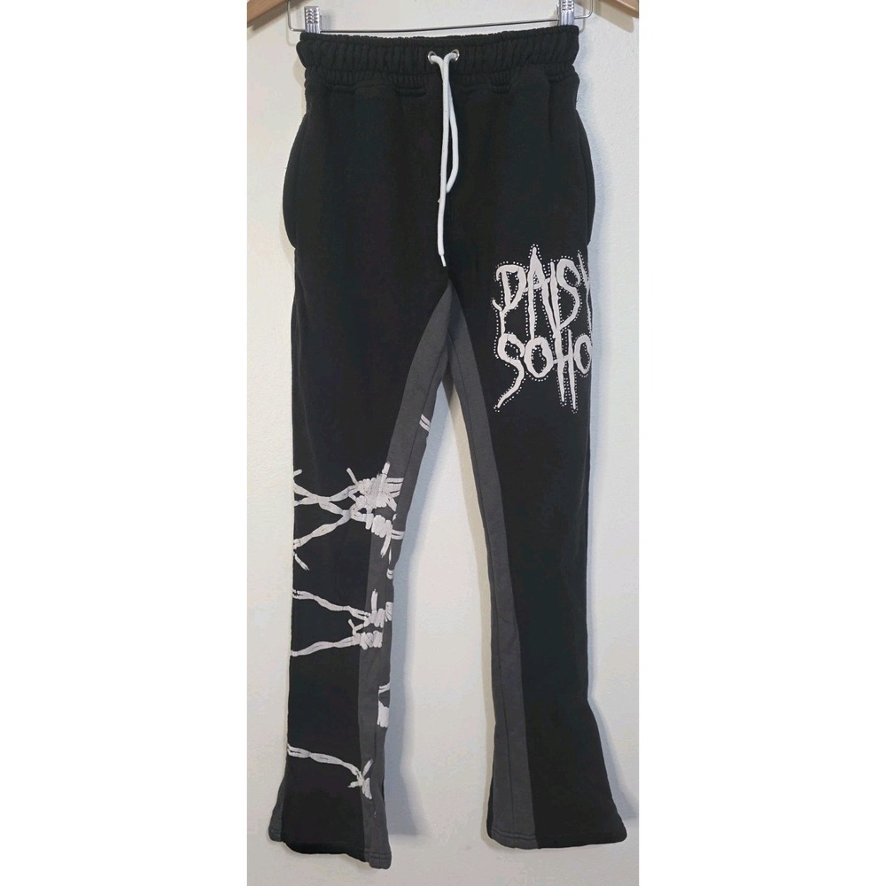 Daisy Spho Black Flare Cotton Sweatpants Pull On Moto Streetwear Woman XSx31